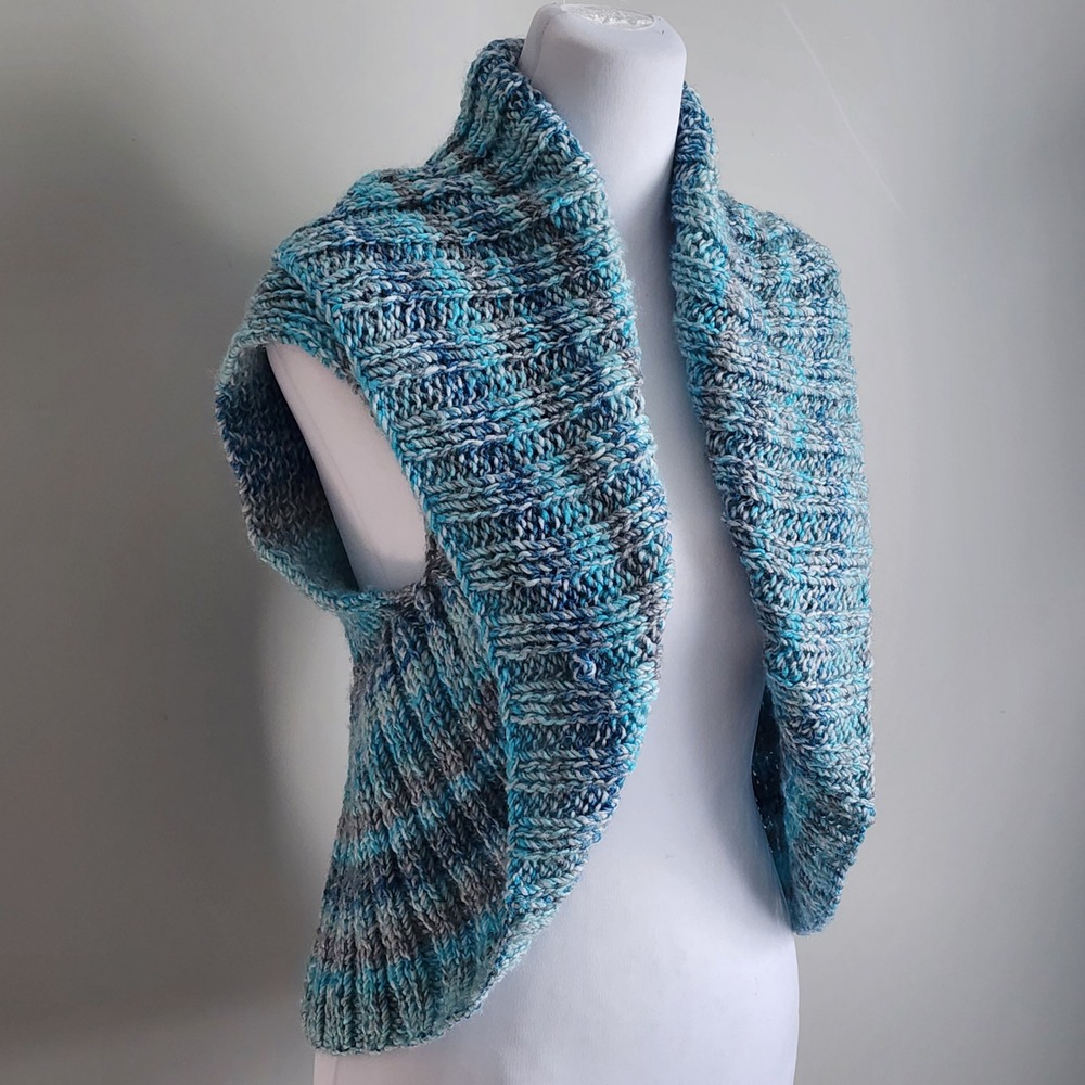 Hand Knit Cardigan Shrug Womens Large Blue Ribbed Marled Vest Artsy Cozy Wool
